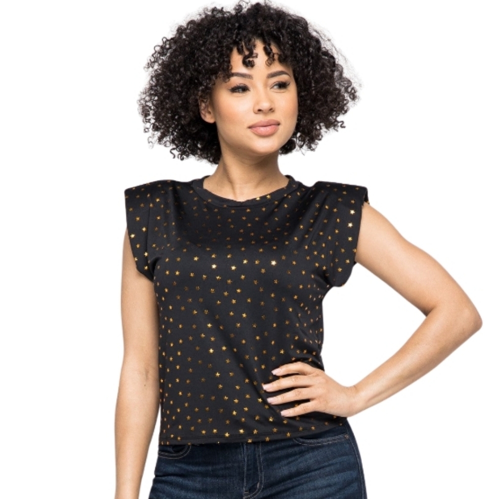 Women's Black Muscle Tee with Gold Star Print